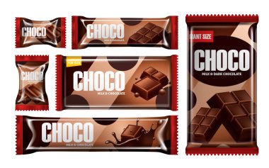 Çikolata ambalaj tasarımlarının çeşitli boyutlarda bir koleksiyonu, marka adı 'Choco' olan süt ve siyah çikolata parçalarıyla birlikte. Paket ağırlıklı olarak kahverengi ve kırmızı aksanlı..