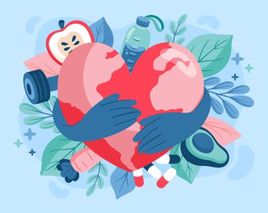 Meyveler, sebzeler ve egzersiz aletleri gibi sağlıklı yaşam formlarıyla çevrili bir kalbin dünyaya sarılışı..