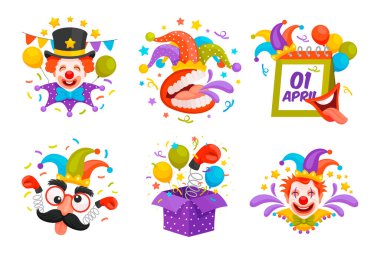 El çizimi düz Nisan. Palyaçolarla dolu gündüz çizimi koleksiyonu.