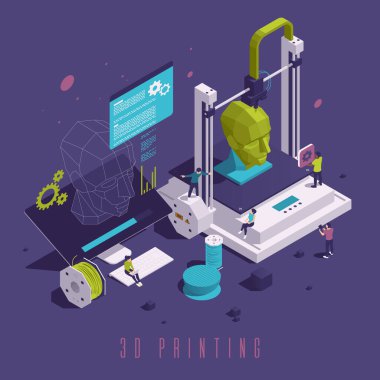 Illustration of a 3D printing setup with a printer creating a human head model. People are interacting with the printer, computer, and filament spool in a digital workspace. clipart