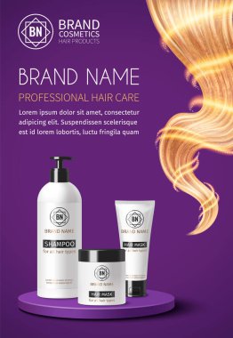 Üç ürün içeren bir saç bakım markası için promosyon imajı: bir şampuan şişesi, bir saç maskesi tüpü ve bir saç maskesi kavanozu. Arka plan mor renkte ve akıcı bir saç tasarımı var. Profesyonel saç bakımını ön plana çıkarıyor..