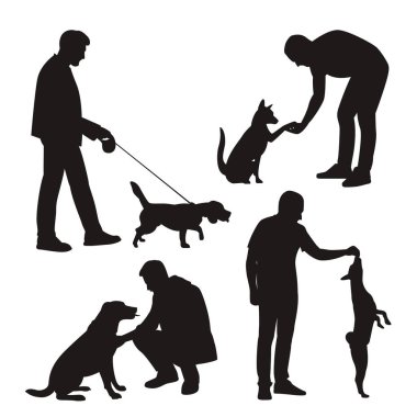 İnsanların siluetleri köpeklerle çeşitli pozlarda etkileşime giriyor. Yürüyüş, oyun ve eğitim de dahil..