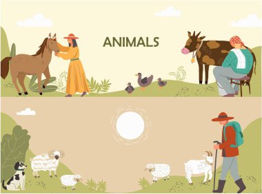 İki yatay pankart şablonu. El çizimi düz hayvan kompozisyonları