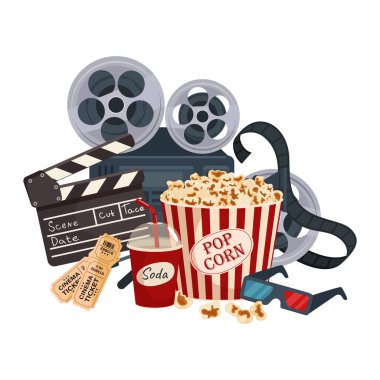 Film elemanlarıyla el çizimi düz sinema kompozisyonu