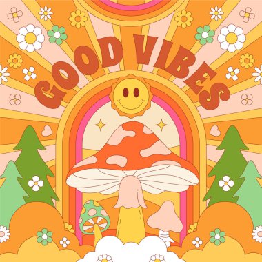 Mantarlar, çiçekler ve ağaçların yer aldığı canlı, renkli bir illüstrasyon, gülümseyen bir güneş ve 'İyi VİBLER' metni. Tasarım neşeli ve kaprisli, pozitif, retro bir estetiği somutlaştırıyor..