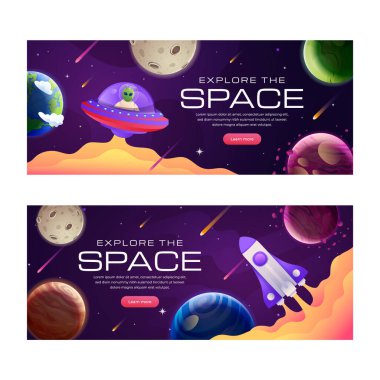 UFO 'lu bir çizgi film uzaylısıyla gezegenler ve yıldızlar arasında bir roket gemisinin yer aldığı iki uzay temalı pankart..