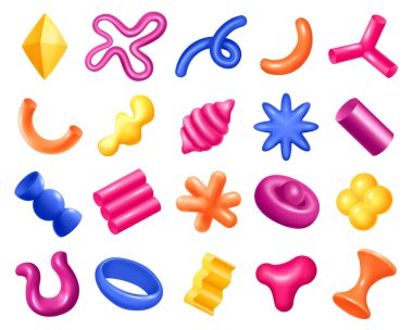 Beyaz bir zemin üzerinde pembe, mavi, turuncu ve sarı gibi canlı renklerde spiral, yıldız ve tüpler gibi çeşitli biçimlere sahip renkli üç boyutlu şekillerin bir derlemesi..