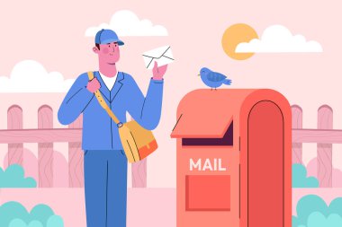 Mavi üniformalı neşeli bir postacı kırmızı bir posta kutusunun yanında dururken bir zarf tutar. Küçük mavi bir kuş posta kutusunun üzerine tünemiş, arkasında bulutlar ve güneş barındıran pastel bir arka plan var..