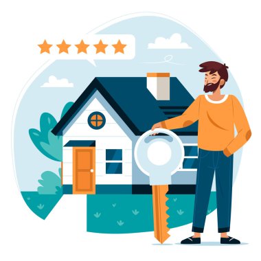 Bir adam elinde büyük bir anahtar olan bir evin yanında duruyor. Ev, mavi çatılı ve turuncu kapılı basit ve modern bir şekilde resmedilmiştir. Yukarıda beş yıldız görünüyor, bu da reytinglerin yüksek olduğunu gösteriyor..