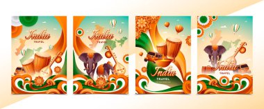 A vibrant travel poster series showcasing India, featuring traditional elements like elephants, musical instruments, and cultural motifs. The design incorporates the colors of the Indian flag and includes hot air balloons, enhancing the travel theme. clipart