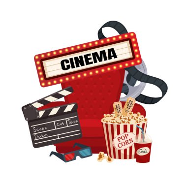 Canlı sinema temalı bir illüstrasyon. Kırmızı pelüş bir koltuk, bir el çırpma tahtası, çizgili bir patlamış mısır kovası ve bir soda bardağı..