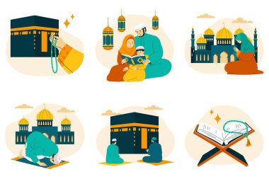 El çizimi düz İslam dini mini kompozisyon seti