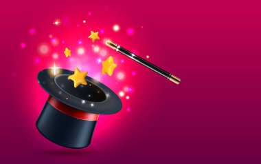 Sihirli değnek ve kırmızı eğimli sihirli şapka