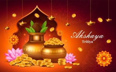 Akshaya Tritiya Altın Tencere ve Lotus Çiçekleri Kompozisyonu