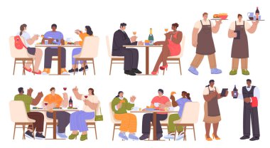 Restorandaki insanlar. El çizilmiş daire. Orijinal set.