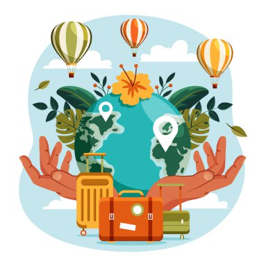 Sürdürülebilir Seyahat Elleri Sıcak Hava Balonlarıyla Çizilmiş Düz Kompozisyon