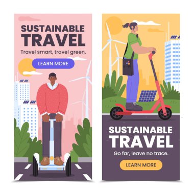 Sürdürülebilir düz seyahat dikey afişi ayarlandı