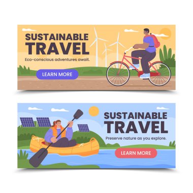 Sürdürülebilir düz seyahat yatay afişi ayarlandı