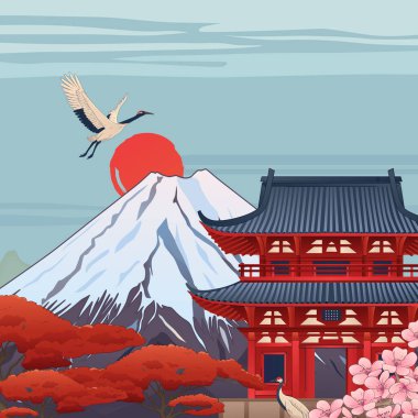 Klasik Japon Mont Fuji ve Pagoda İllüstrasyonu