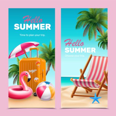 Gerçekçi Yaz Tatili Dikey Bayrak Seti