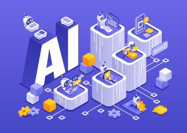 Metinli Mavi Yapay Zeka Araçları Isometric Illustration