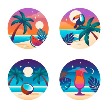 Renkli Tropikal Plaj Resimleri Seti
