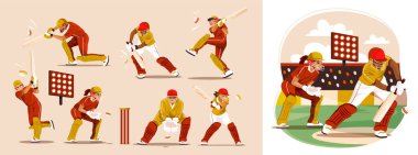 Modern Düz Tasarım Kriket Oyuncuları Kompozisyonu