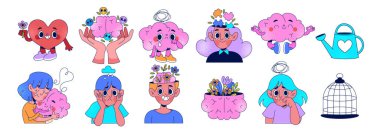 Mental Health Character Asset Set with Emotions, Brain, Heart, and Symbolic Elements