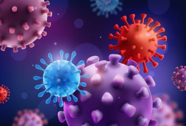 Yumuşak gri bir zemin üzerinde kırmızı kan hücreleriyle çevrili büyük mor bir virüs enfeksiyon dinamiğini temiz ve dramatik bir tıbbi sahnede tasvir ediyor.