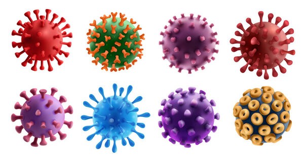 A set of 8 detailed, color-diverse virus particles visualized in a spherical 3D form with distinctive surface proteins and textures. Ideal for educational or medical graphics