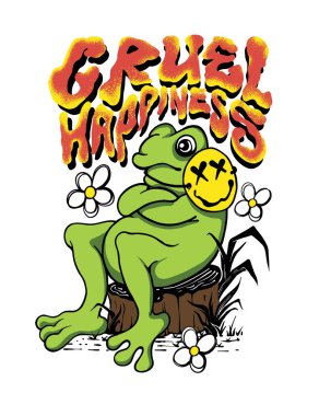 Neşeli bir maske takan bir kurbağanın tasarımı ve üzerine 