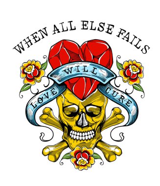 Dövmelerden esinlenilmiş ve bir sloganın eşlik ettiği kafatası, kalp ve güllerin yer aldığı bir tasarım.