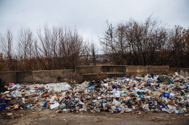 Dneprorudnoe, Ukrayna - 29 Ocak 2020: Ormanın yakınındaki çimlere çöp yığını. Ekolojik felaket. Yasadışı çöplük. Doğanın kirliliği.