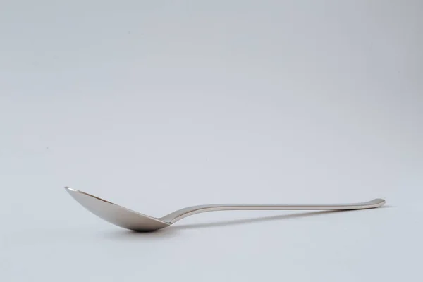 Silver Shiny Spoon White Background Kitchenware Copy Space — Stok fotoğraf