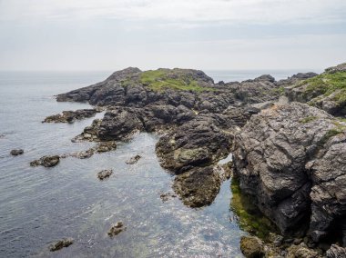 Anglesey Adası, Kuzey Galler 'deki Trearddur Körfezi kıyısındaki kayalar.