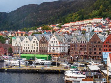 Historic buildings and harbor at Bryggen, Bergen, Norway clipart