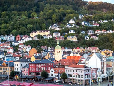 Norveç, Bergen manzarası, akşam ışığında yeşil bir yamaçta.