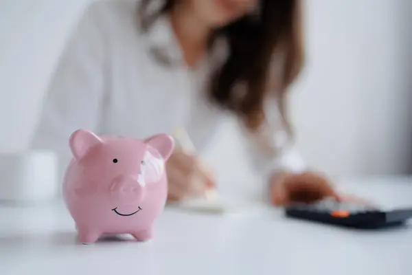 Bir kişi masa başında çalışır, notlar yazar ve hesap makinesi kullanır. Pembe domuz kumbarası ise ön planda durur. Finansal planlamayı ve tasarruf etmeyi simgeler..