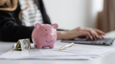 Bir domuz kumbarası, dolar banknotları ve finansal dökümanların yanındaki masada otururken, bir insan dizüstü bilgisayarla çalışıp, bütçe ve tasarruf hesaplarına odaklanıyor..
