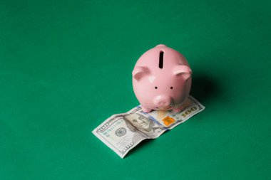 100 dolarlık banknotun üzerinde duran pembe bir kumbara tasarruf etmenin önemini vurguluyor. Canlı yeşil arkaplan sahneye karşıtlık ekler.