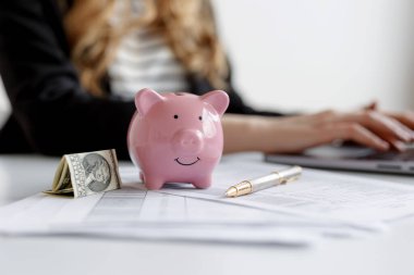 Bir kişi, pembe bir domuz kumbarası, katlanmış bir dolar banknotu ve masadaki mali belgelerin yanında bir kalemle finans bütçesi hazırlıyor ve yönetiyor. Odak noktası organizasyon ve tasarruflar.