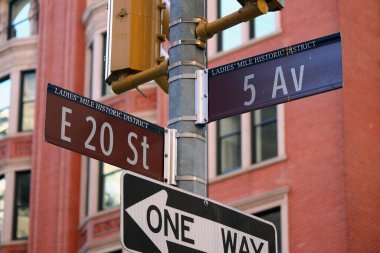 Kahverengi Doğu 20. Cadde ve 5. Cadde New York 'ta Manhattan şehir merkezinde tarihi tabela