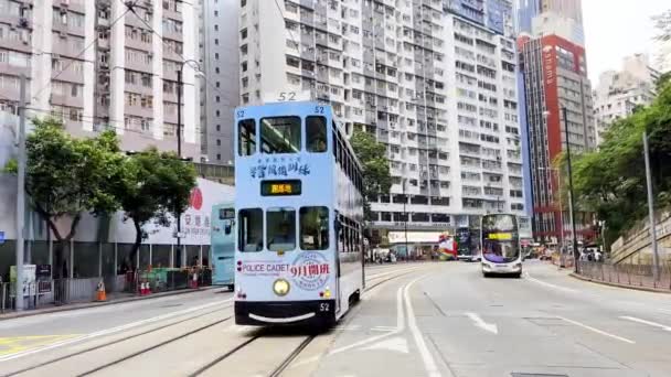 Hongkong Tramways Hongkong April 2024 Hongkong Tramways Smalspåriga Spårvagnssystem Hongkong — Stockvideo