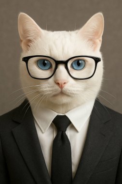 Siyah takım elbiseli, mavi gözlü beyaz bir kedi.