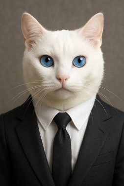 Siyah takım elbiseli, mavi gözlü beyaz bir kedi.