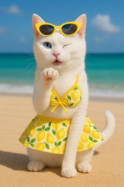 Sarı benekli bikinili şirin beyaz kedi ve plajda güneş gözlüğü.