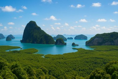  Tayland 'da Phang Nga Körfezi' nde nefes kesici bir gün doğumu. Altın ışık, aşağıdaki dramatik kireçtaşı karstlarını ve sakin suları aydınlatıyor..