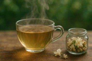 Sıcak bir fincan çay, beyaz çiçekli canlı bir bahçeye tepeden bakan, ahşap bir pencere eşiğinde oturur, huzurlu bir sabah manzarası yaratır..