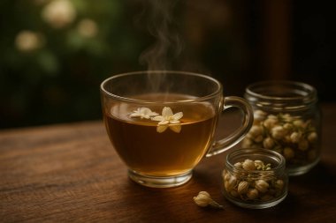 Sıcak bir fincan çay, beyaz çiçekli canlı bir bahçeye tepeden bakan, ahşap bir pencere eşiğinde oturur, huzurlu bir sabah manzarası yaratır..