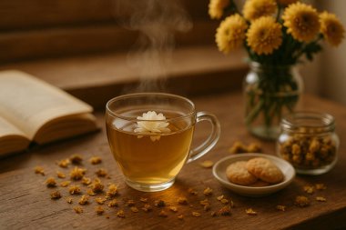 Sıcak bir fincan çay, beyaz çiçekli canlı bir bahçeye tepeden bakan, ahşap bir pencere eşiğinde oturur, huzurlu bir sabah manzarası yaratır..